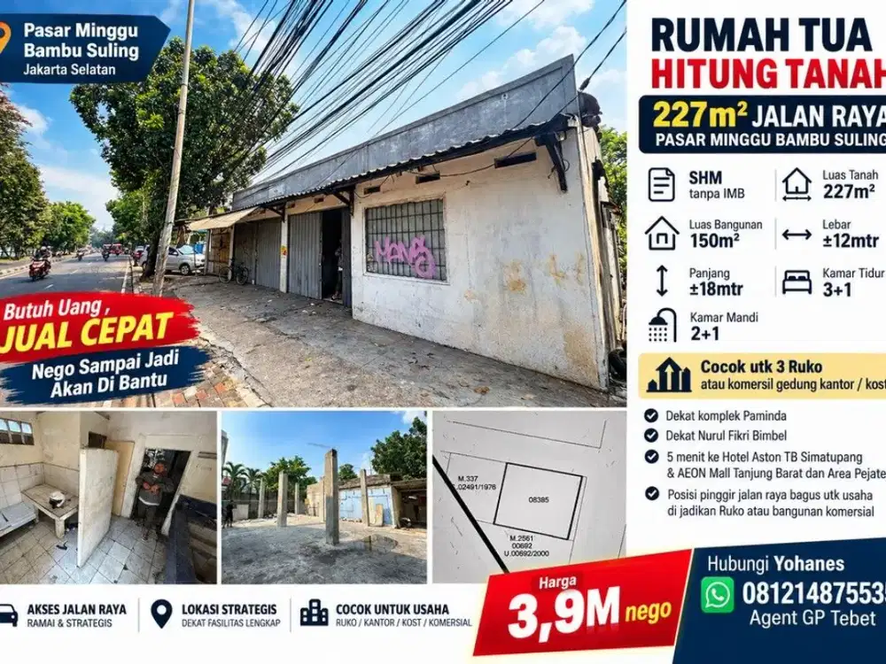 Rumah Tua LT 227 m² Hitung Tanah Jalan Raya Pasar Minggu