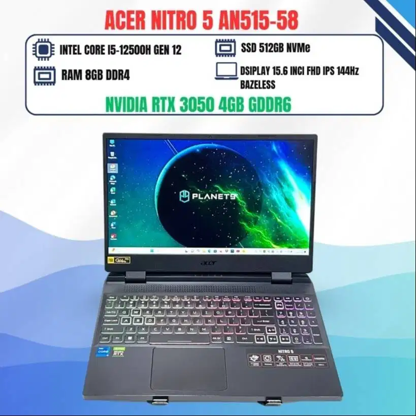 ACER NITRO 5 AN515-58 CORE I5-12500H NVIDIA RTX 3050 RAM 8GB SSD 512GB