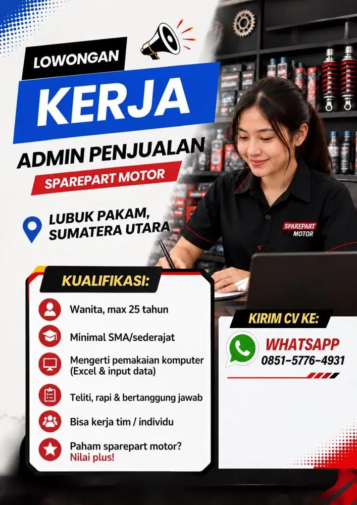 LOWONGAN Admin Penjualan (CEWEK) - Lubuk Pakam, Sumut - BACA DESKRIPSI