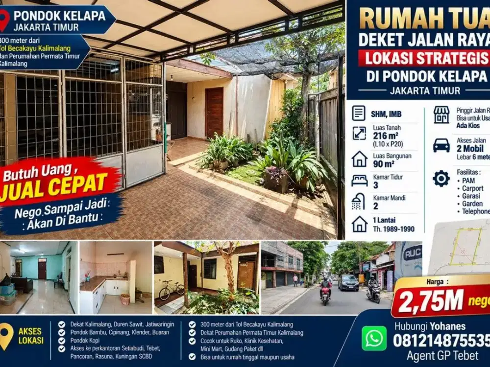 Rumah Tua Deket Jalan Raya Lokasi Strategis di Pondok Kelapa
