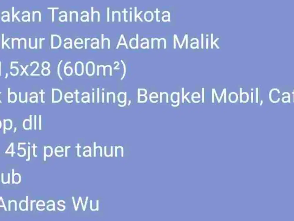 Disewakan Tanah Jl. Makmur / Adam Malik