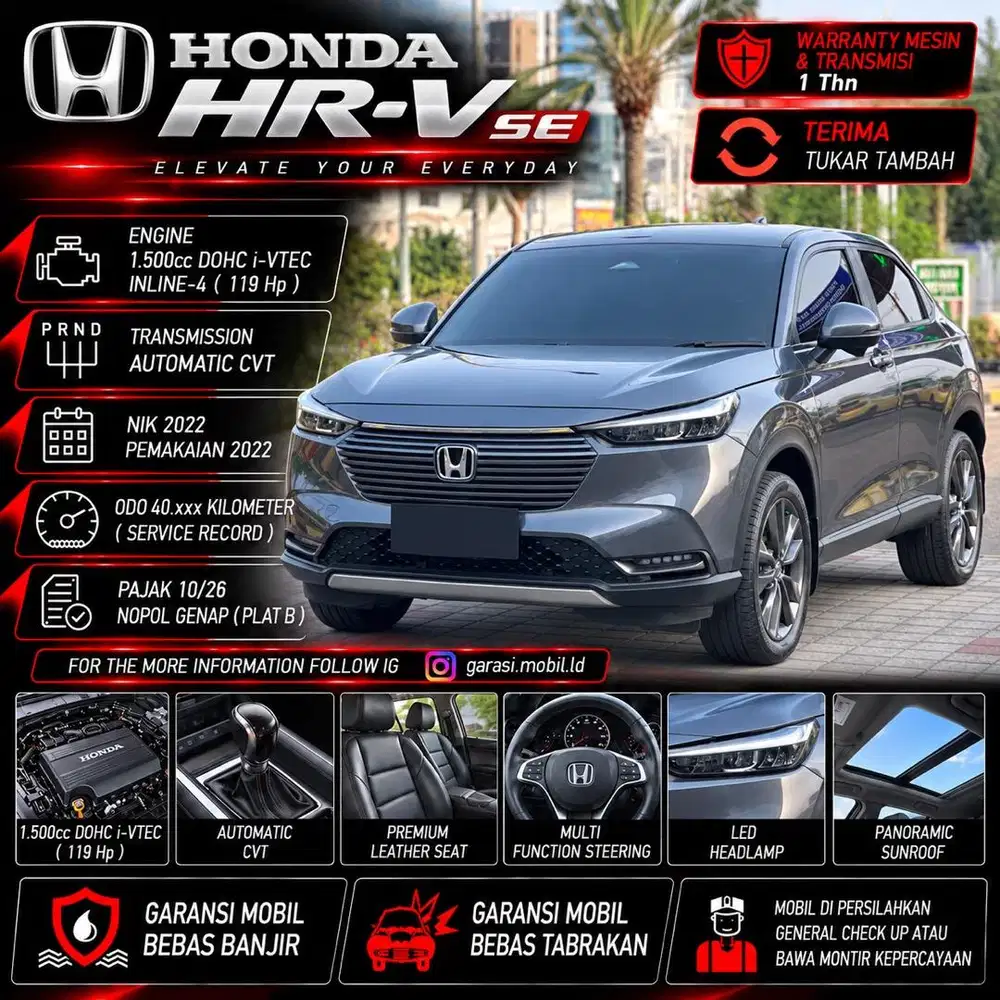 HONDA HR-V SE 1.5 AT 2022 / Odo 40rbu Kilometer