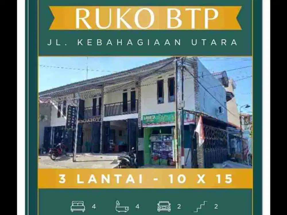 Ruko Jl Kebahagiaan Utara BTP 15 X10
3 Lantai . 2 Lantai sudah Ditinggali.
Lantai 3 Sedang Dicor
LT 155 LB 270
Rp. 2.5 M