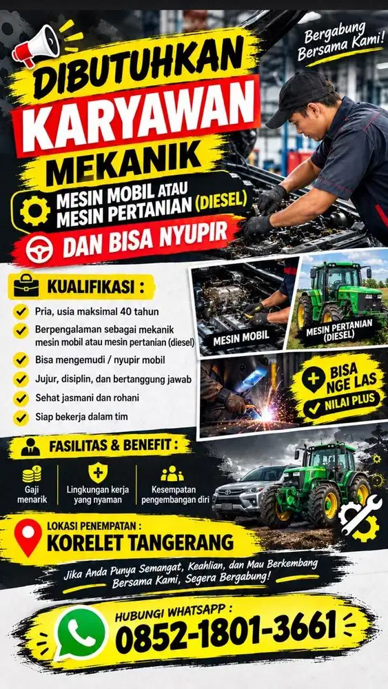 DIBUTUHKAN MEKANIK MOBIL/MESIN PERTANIAN + BISA NYUPIR