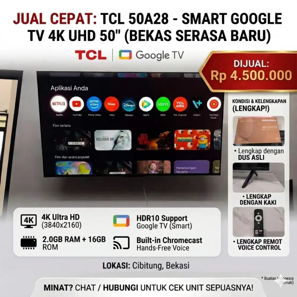 JUAL Smart Google TV 4K TCL 50 Inch Kondisi Istimewa Lengkap