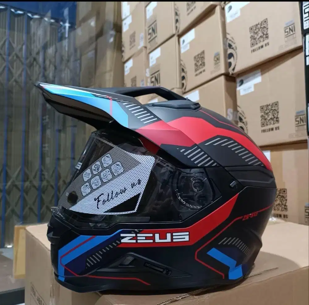 Jual Helm Merk Zeus ZS913 Matt Black / BF19 Red Blue Double Visor