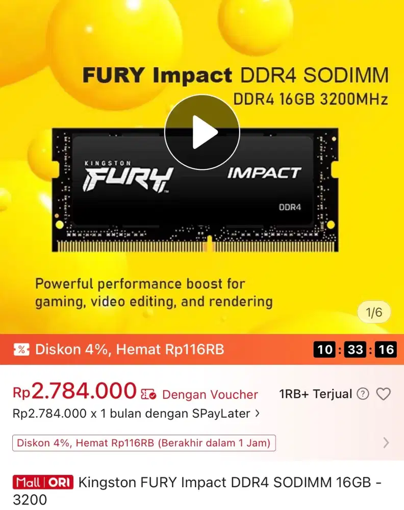RAM KINGSTONE FURY IMPACT DDR4 SODIMM 16GB 3200Mhz