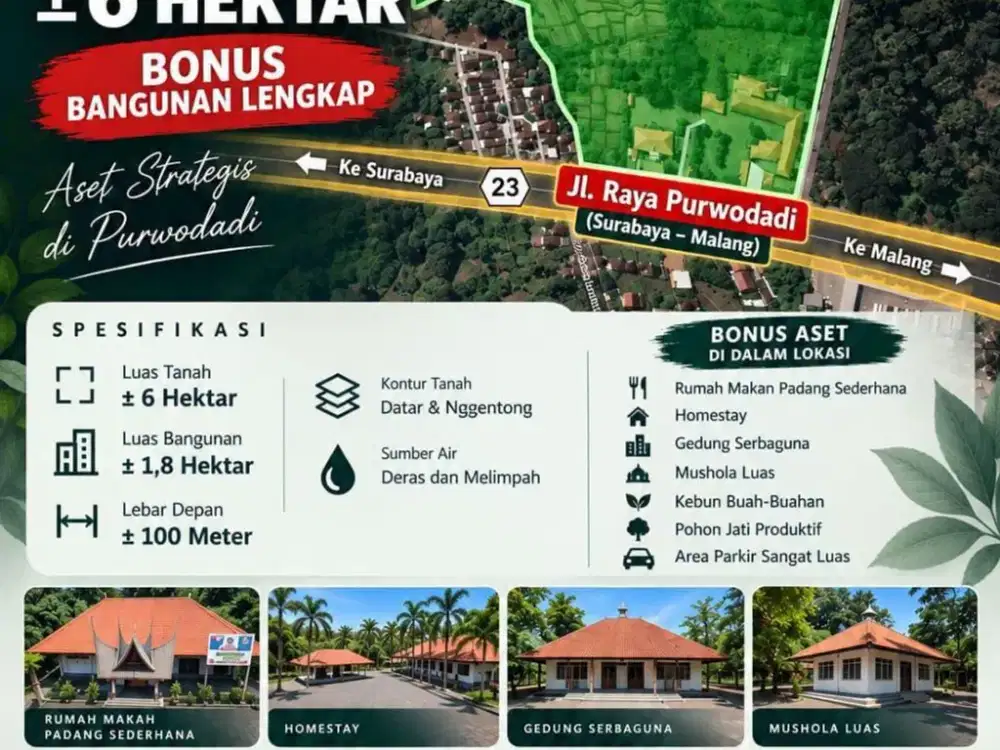 Tanah Komersial 5,9 Ha Jalan Raya Purwodadi Pasuruan Nol Jalan Raya Surabaya-Malang