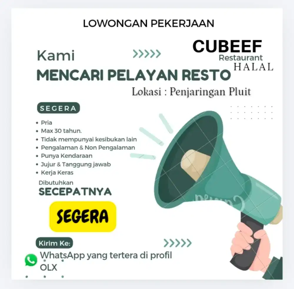 DI BUTUHKAN STAFF RESTO SEGERA