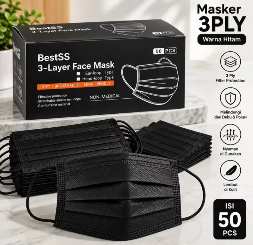 Masker Earloop 3 Ply Face Mask Hitam 1 Box isi 50 Pcs