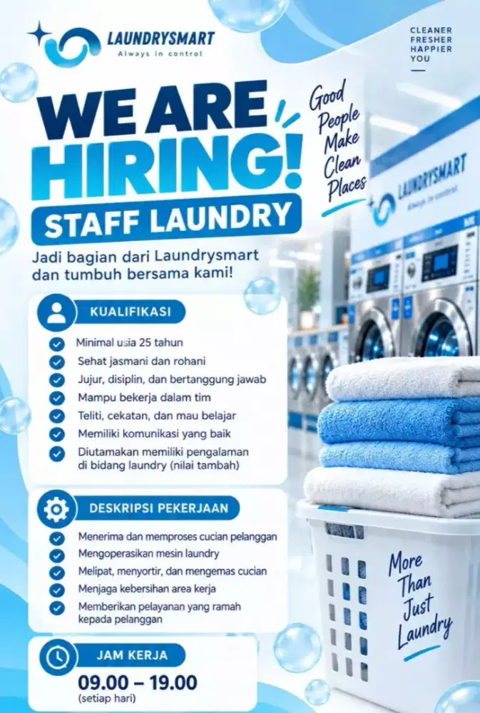 Di cari karyawan buat di laundry dari jam 9 Ampe jam 7