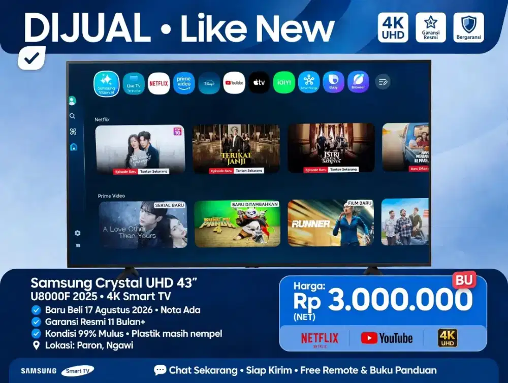 Samsung 43 Crystal UHD U8000F 2025 like new model terbaru 4k Smart TV