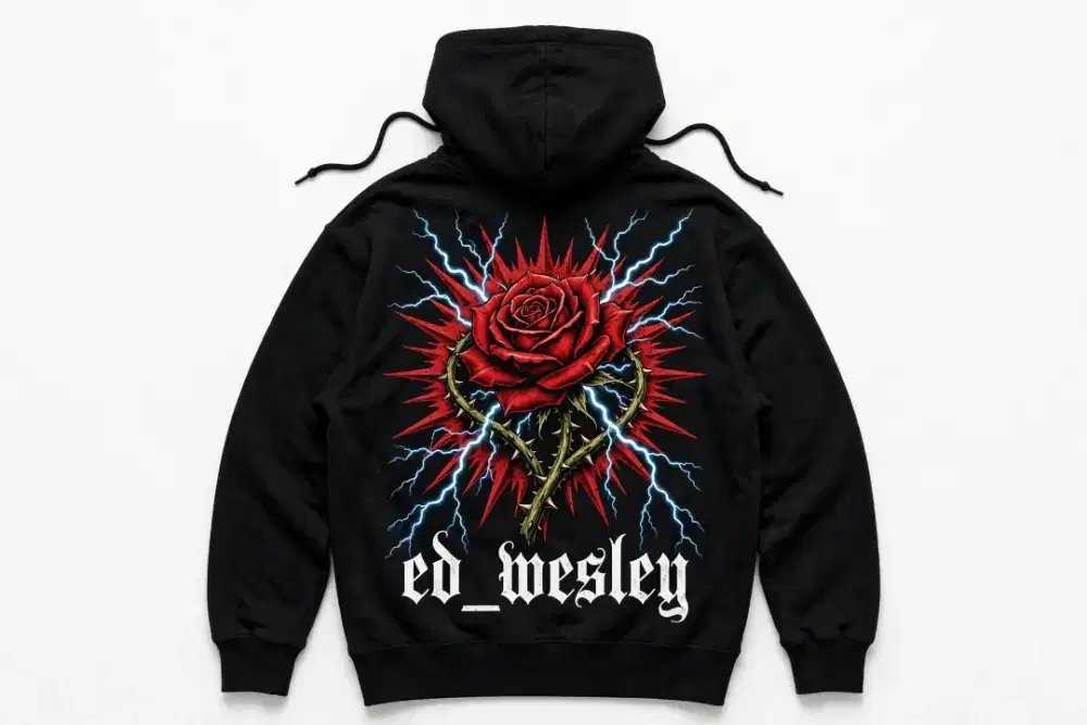 ED WESLEY - Hoodie Thorns & Thunder 500G Heavyweight | Gothic Rose