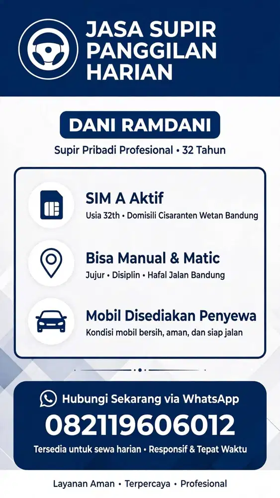 JASA SUPIR PANGGILAN HARIAN BANDUNG   Saya DANI RAMDANI - 32th -