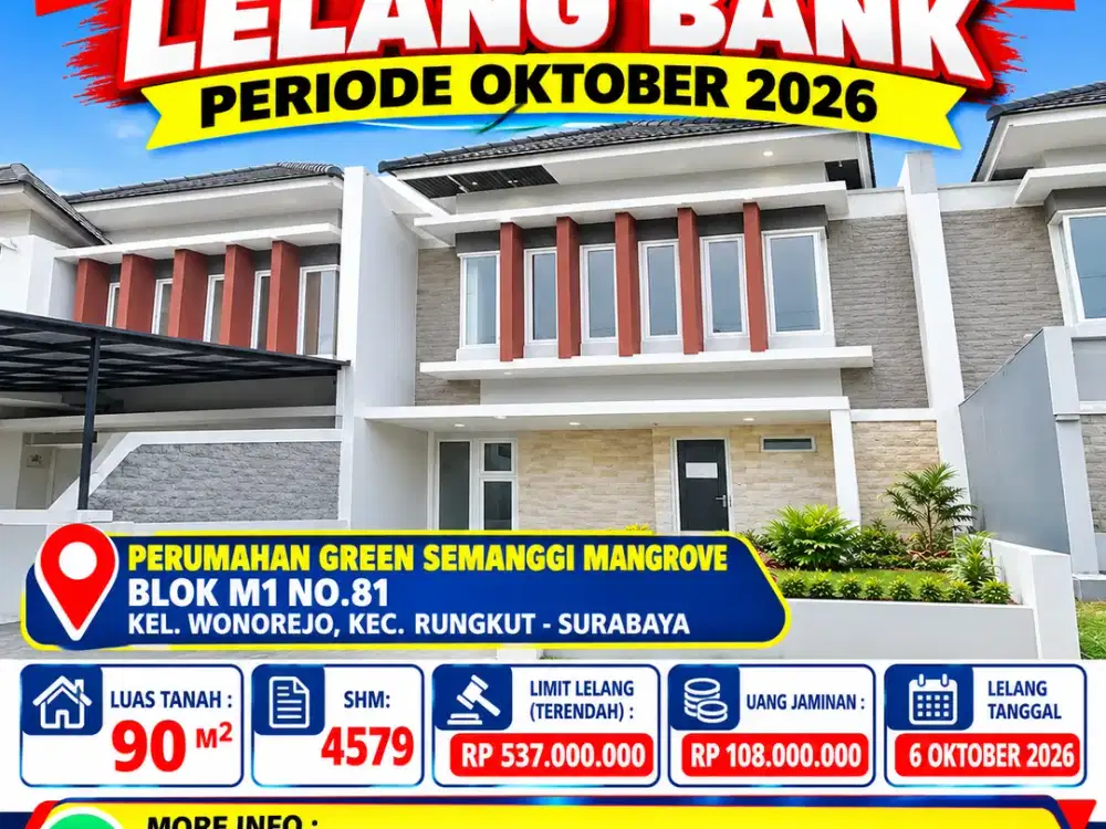 RUNGKUT – 2 LANTAI - LUAS 90 M2!! DIJUAL RUMAH VIA LELANG DI PERUM GREEN SEMANGGI MANGROVE
