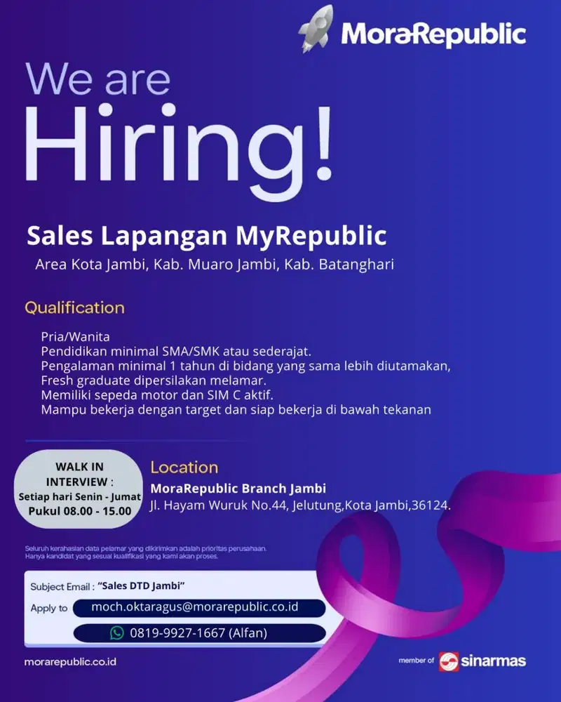 WE ARE HIRING – SALES LAPANGAN MYREPUBLIC JAMBI