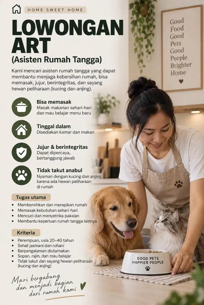 LOWONGAN ART / PEMBANTU RUMAH TANGGA TINGGAL DALAM BISA MASAK