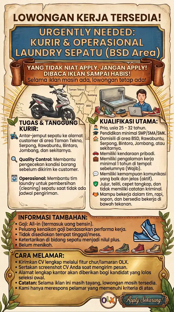 Lowongan kerja untuk Driver Kurir Cuci Sepatu Bsd City Gading Serpong
