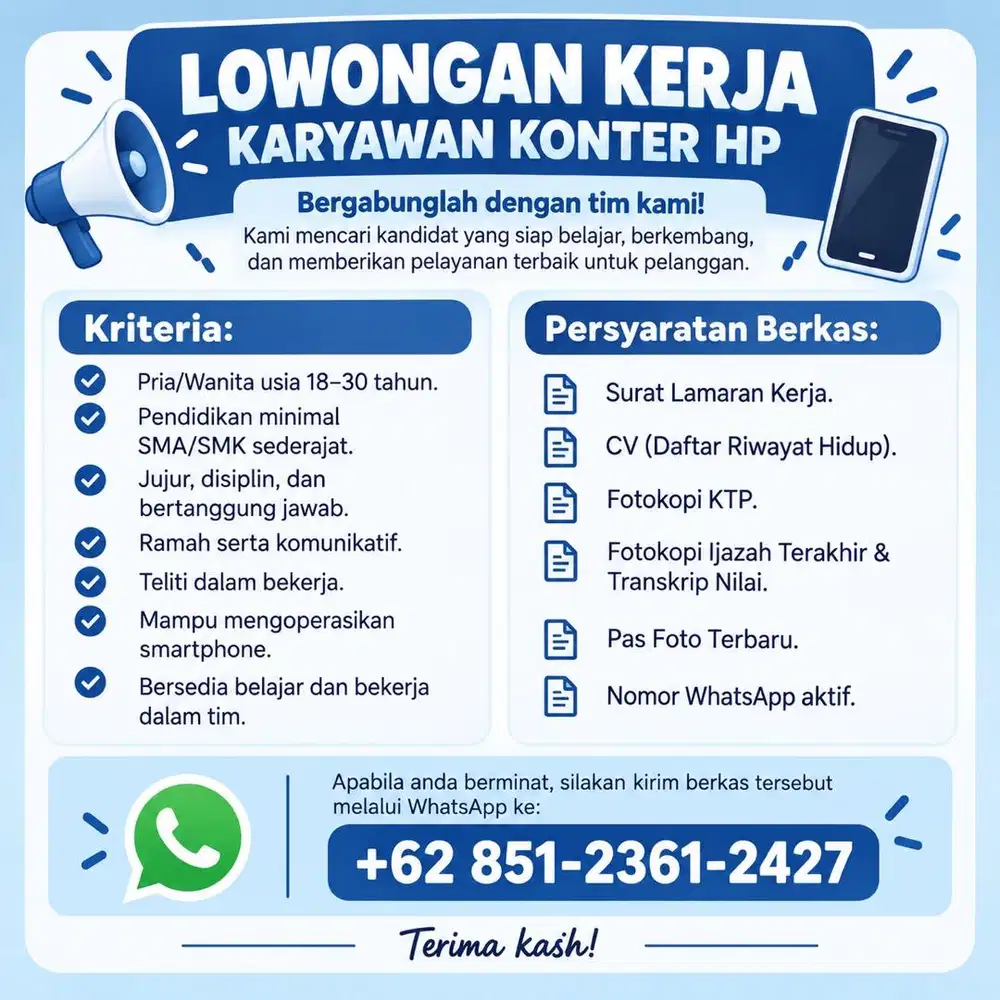 Lowongan kerja untuk karyawan konter hp