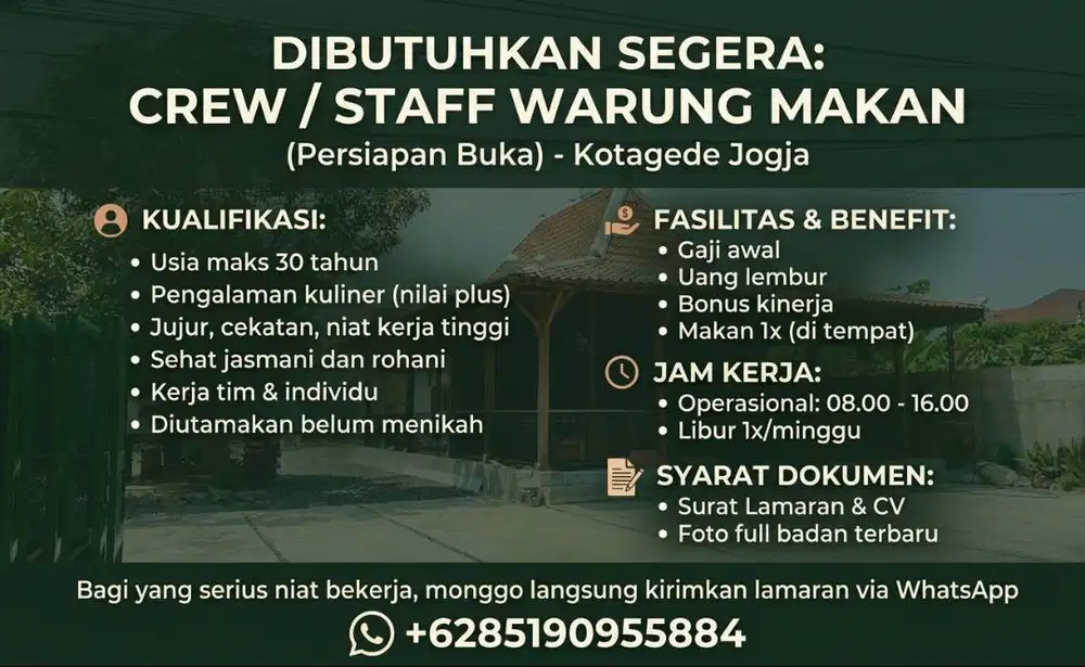Dibutuhkan Crew / Staff Warung Makan (Persiapan Buka) - Kotagede Jogja