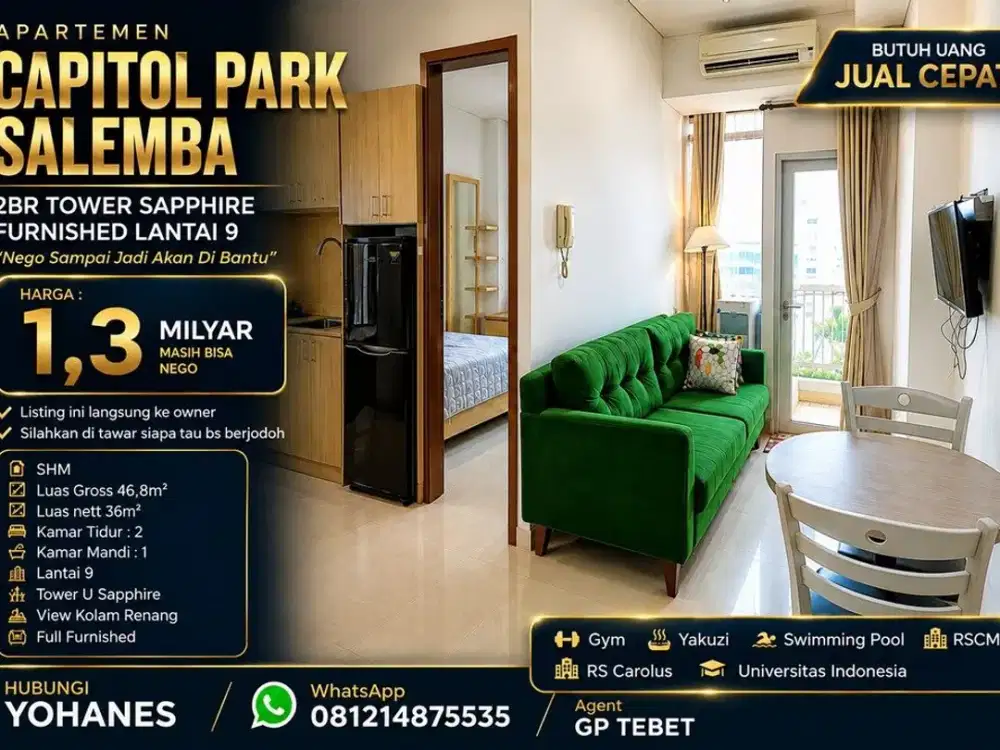 Apartemen Capitol Park Salemba 2BR Tower Sapphire Furnished Lantai 9