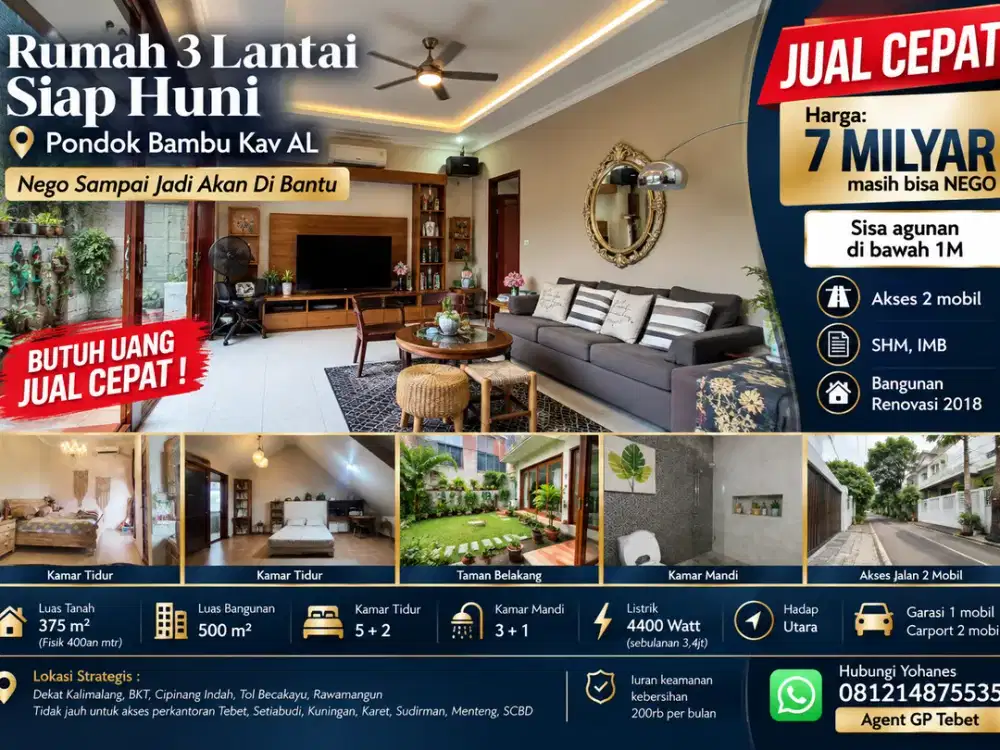 Jual Cepat Rumah Cantik siap huni 375mtr 3 lantai Pondok Bambu Kav AL