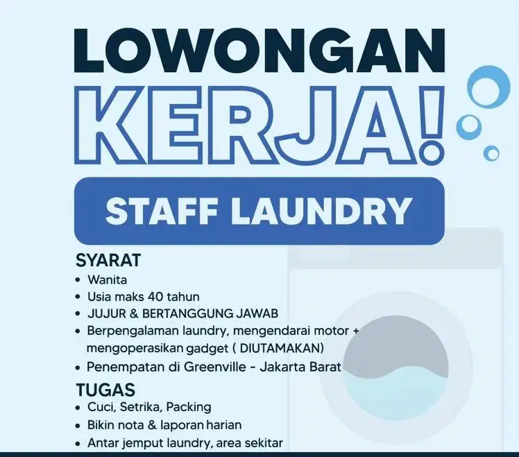 DIBUTUHKAN KARYAWATI LAUNDRY - GREENVILLE JAKARTA BARAT