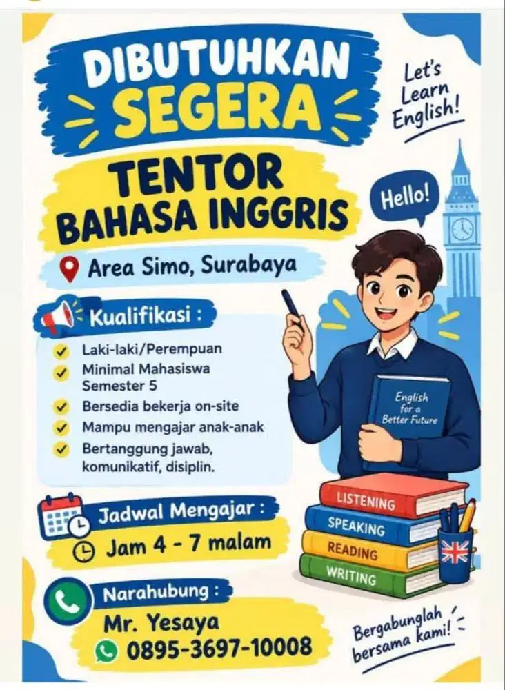 Dibutuhkan Tentor Bahasa Inggris On-site
