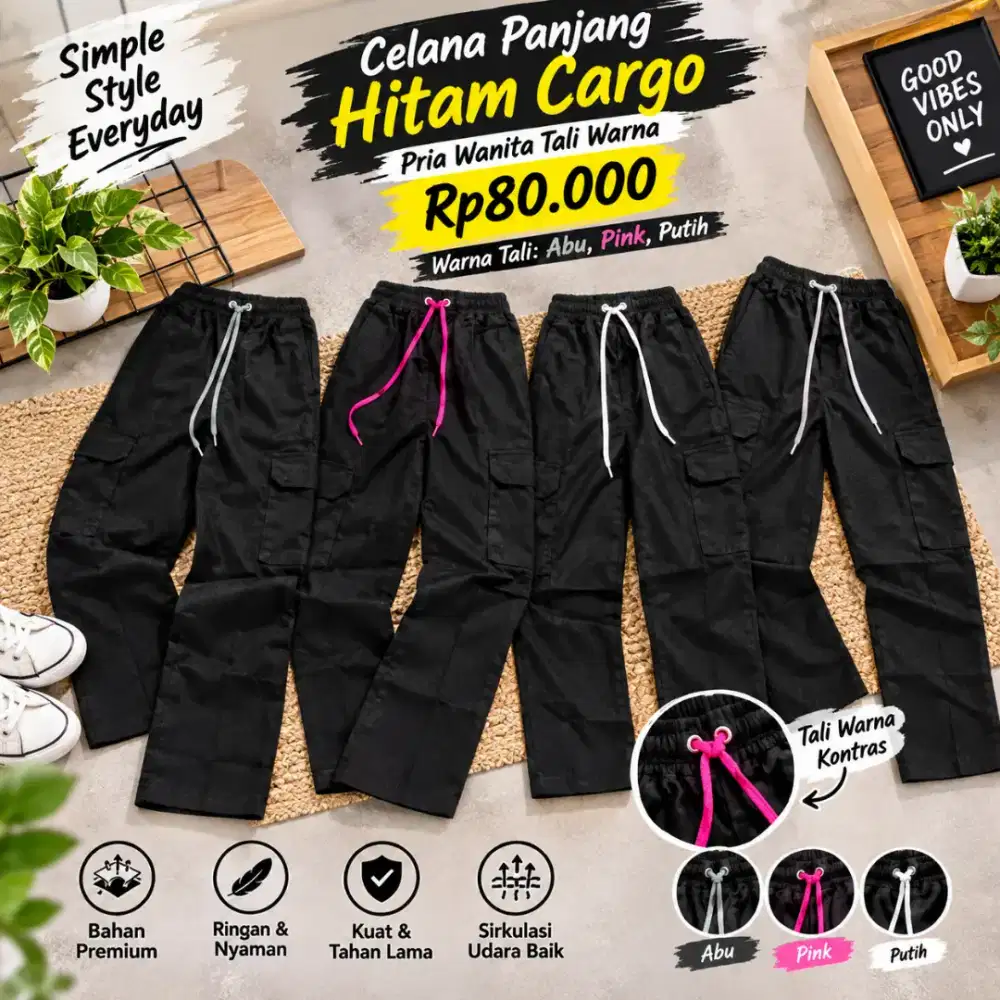 Celana Panjang Hitam Cargo Pria Wanita Tali Warna