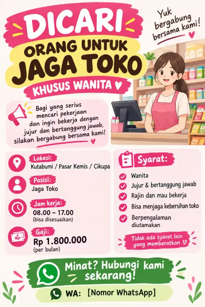 Dicari orang untuk jaga toko + dirumah