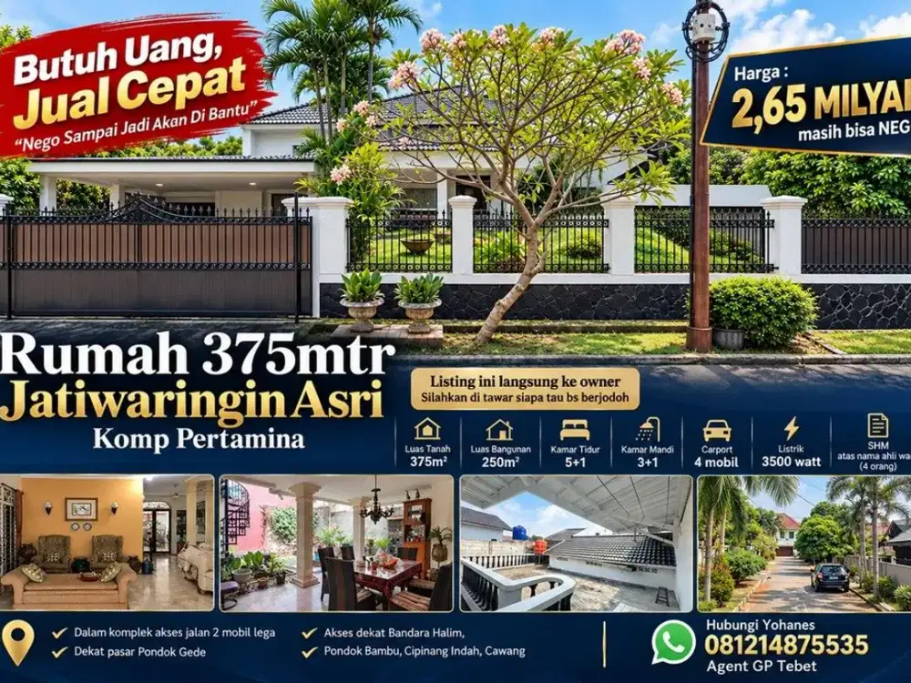 Rumah 375mtr Jatiwaringin Asri Komp Pertamina