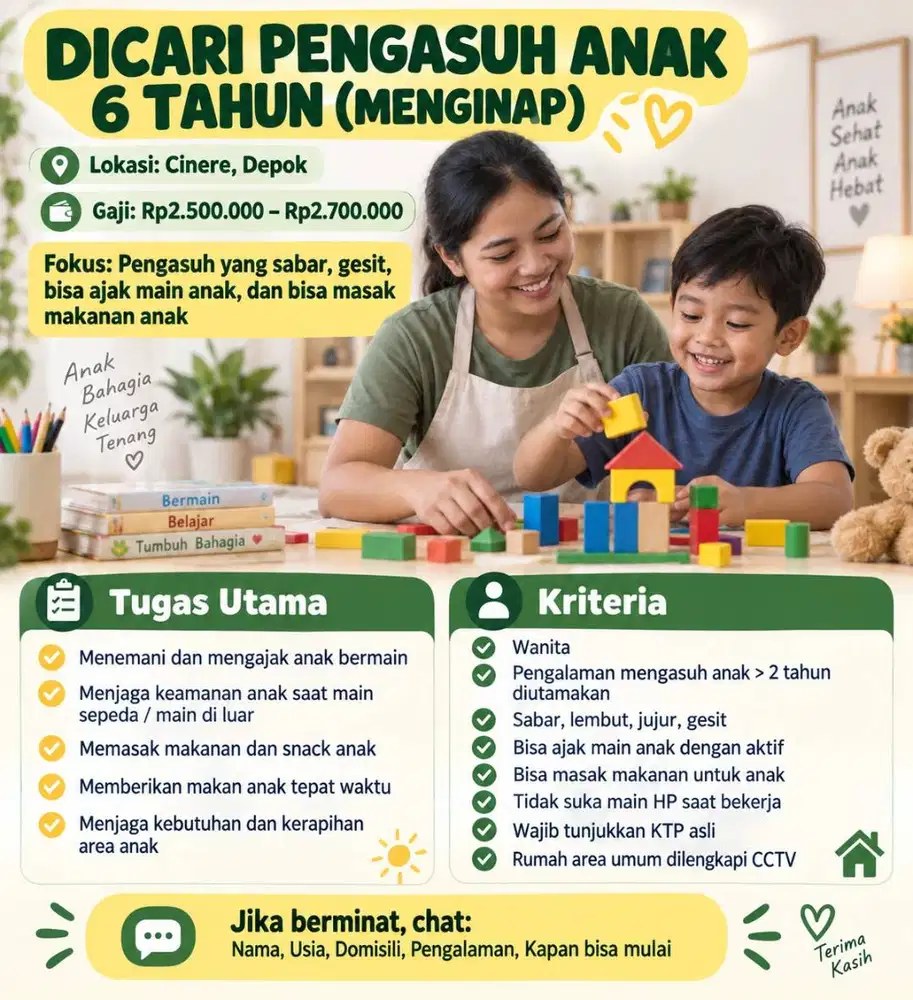 DICARI BABY SITTER ANAK USIA 6 TAHUN – MENGINAP Lokasi: Cinere, Depok