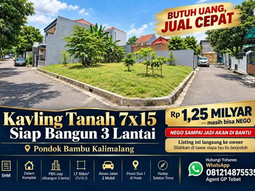 Kavling Tanah 7x15 siap bangun 3 lantai Pondok Bambu Kalimalang