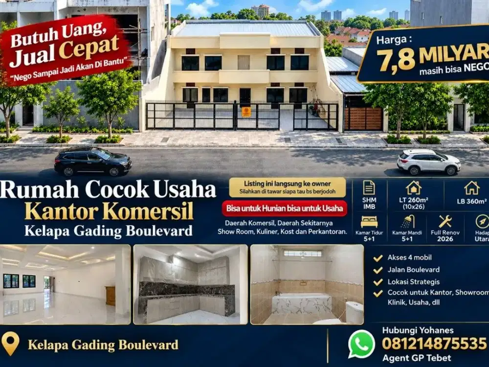 Rumah cocok Usaha Kantor Komersil 10x26 akses 4 mobil Kelapa Gading Boulevard