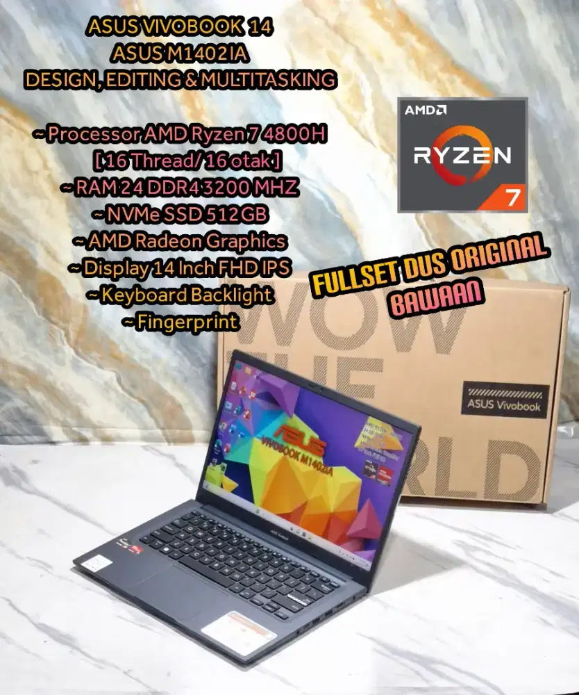 ASUS VIVOBOOK 14 AMD RYZEN 7  16 CPU RAM 24GB NVME 512GB LAPTOP CODING