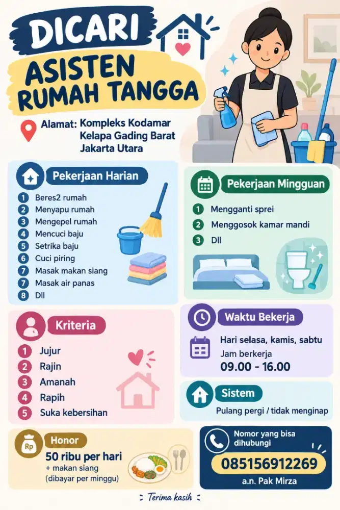 Dicari ART lokasi Kodamar Kelapa Gading Barat