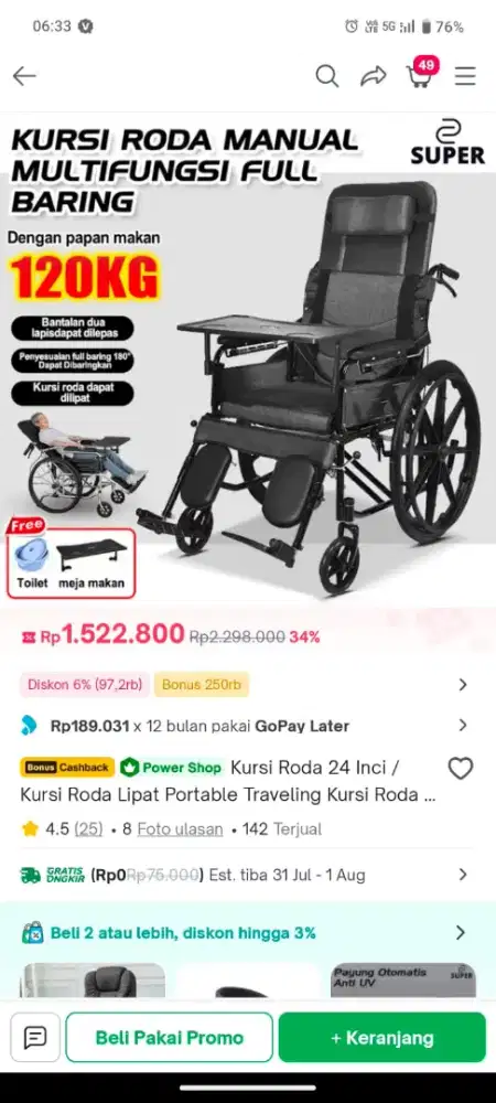 Kursi Roda 3 in 1 komplit
