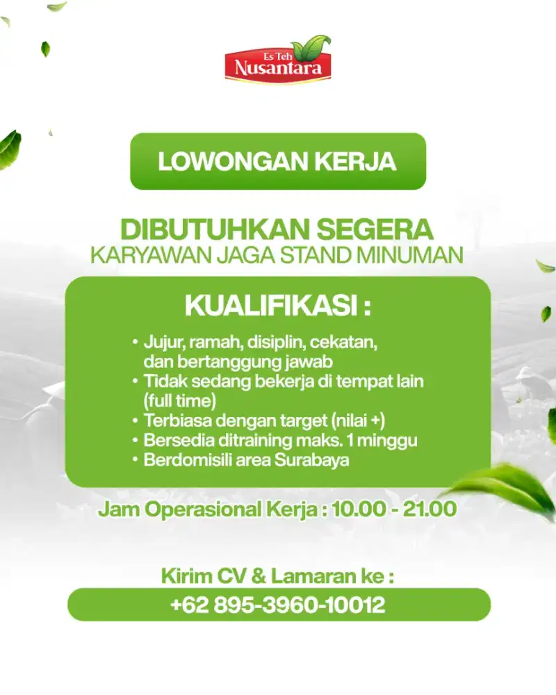 Dibutuhkan penjaga booth minuman