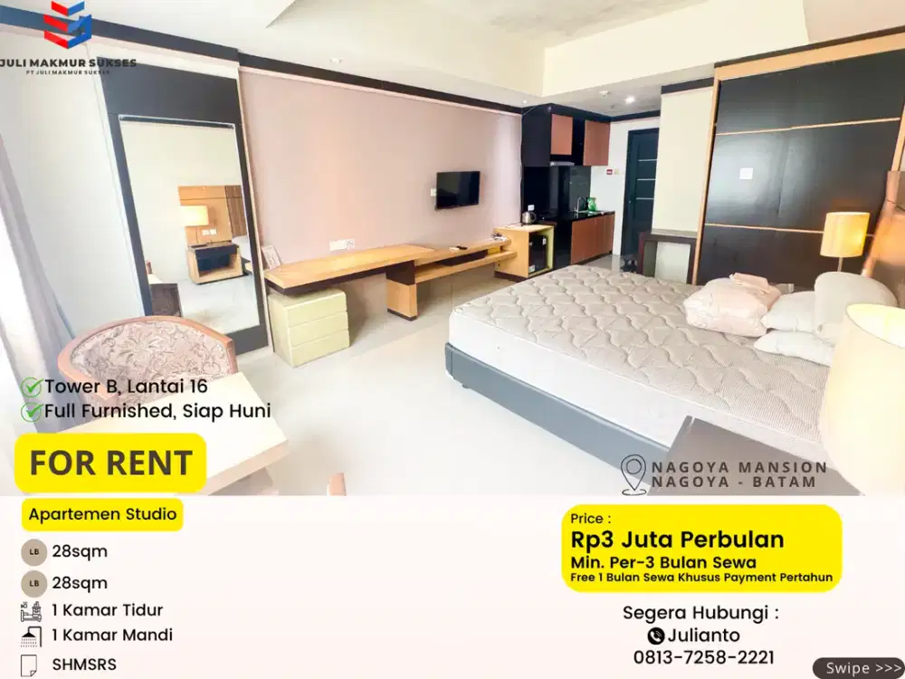 Disewa MURAH Apartemen Studio Full Furnished di Nagoya Mansion Batam