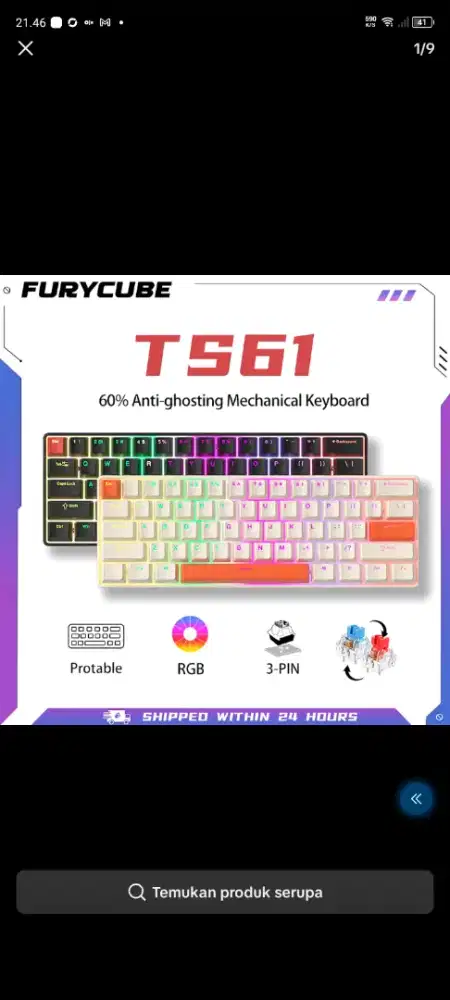 Keyboard furycube ts61, keyboard mechanical, blue switch