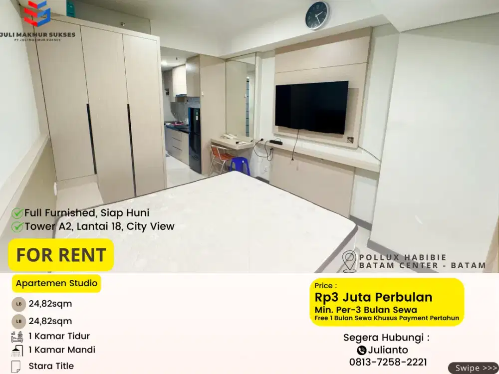 Disewa MURAH Apartemen Studio Full Furnished di Pollux Habibie Batam Center