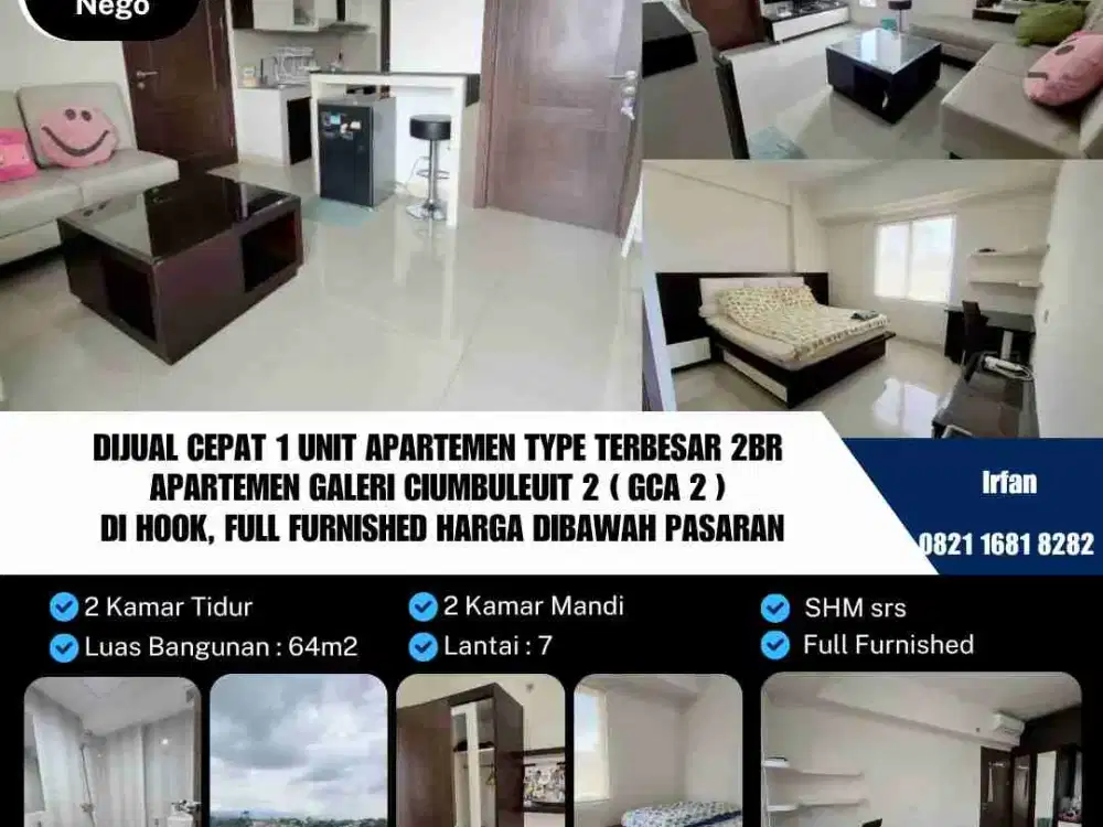 Dijual Cepat 1 Unit Apartemen Type Terbesar 2BR
Apartemen Galeri Ciumbuleuit 2 ( GCA 2 )
 Di Hook, Full Furnished Harga Dibawah Pasaran