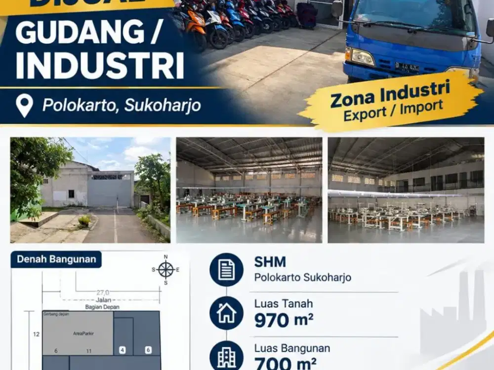 Dijual Gudang Zona industri Lokasi Super Strategis Polokarto,Sukoharjo Luas  970m2
