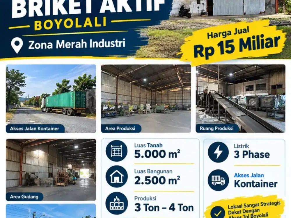 Dijual Pabrik Briket Aktif Industri lokasi Strategis Boyolali Luas 5000m2