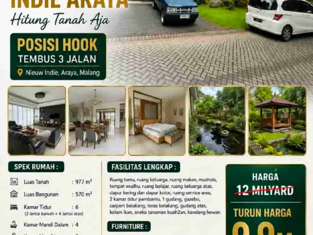rumah mewah lingkungan premium di araya malang kota blok depan di nieuw indie bonus furniture  seperti harga tanah bonus bangunan mewah