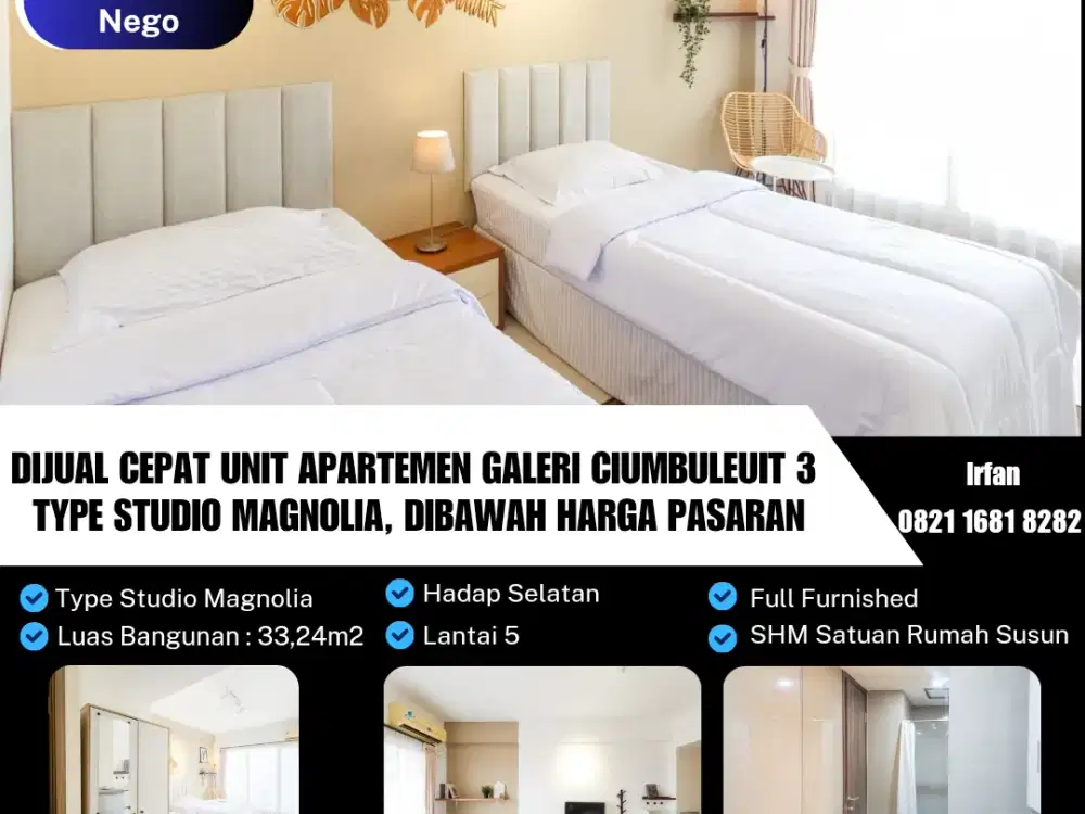 Dijual Cepat Unit Apartemen Galeri Ciumbuleuit 3 ( GCA 3 ), Type Studio Magnolia, Dibawah Harga Pasaran
