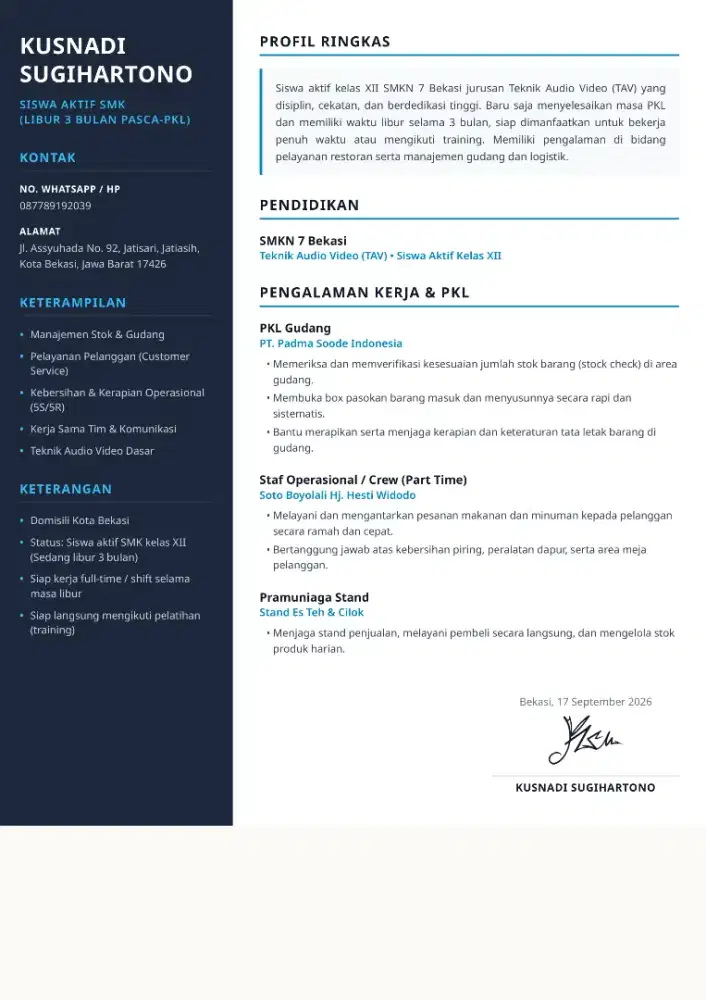 Cari Kerja Part Time/Full Time - Disiplin & Siap Training -Bekasi Kota