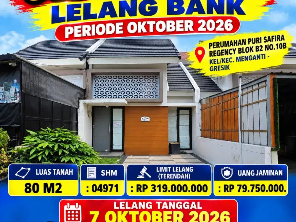 MENGANTI - LUAS 80 M2!! DIJUAL RUMAH VIA LELANG DI PERUMAHAN PURI SAFIRA REGENCY - GRESIK