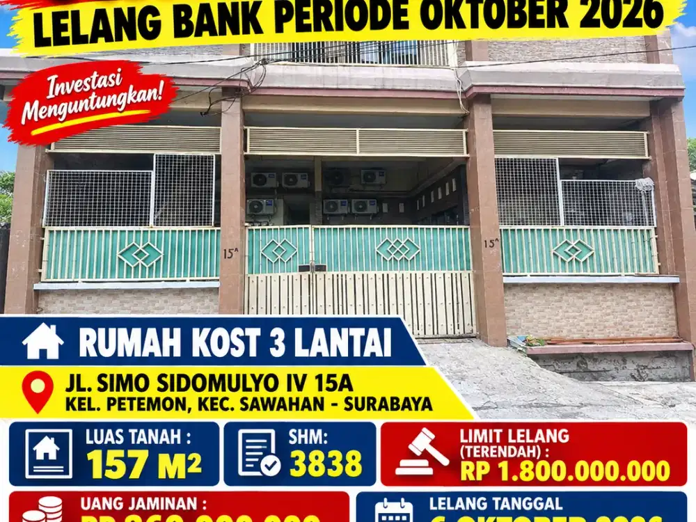 SAWAHAN – RUKOS 3 LANTAI!! DIJUAL RUMAH VIA LELANG DI JL. SIMO SIDOMULYO IV - SURABAYA