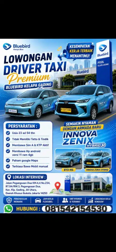 Loker pengemudi taxi online blubird group pool kelapagading jakut